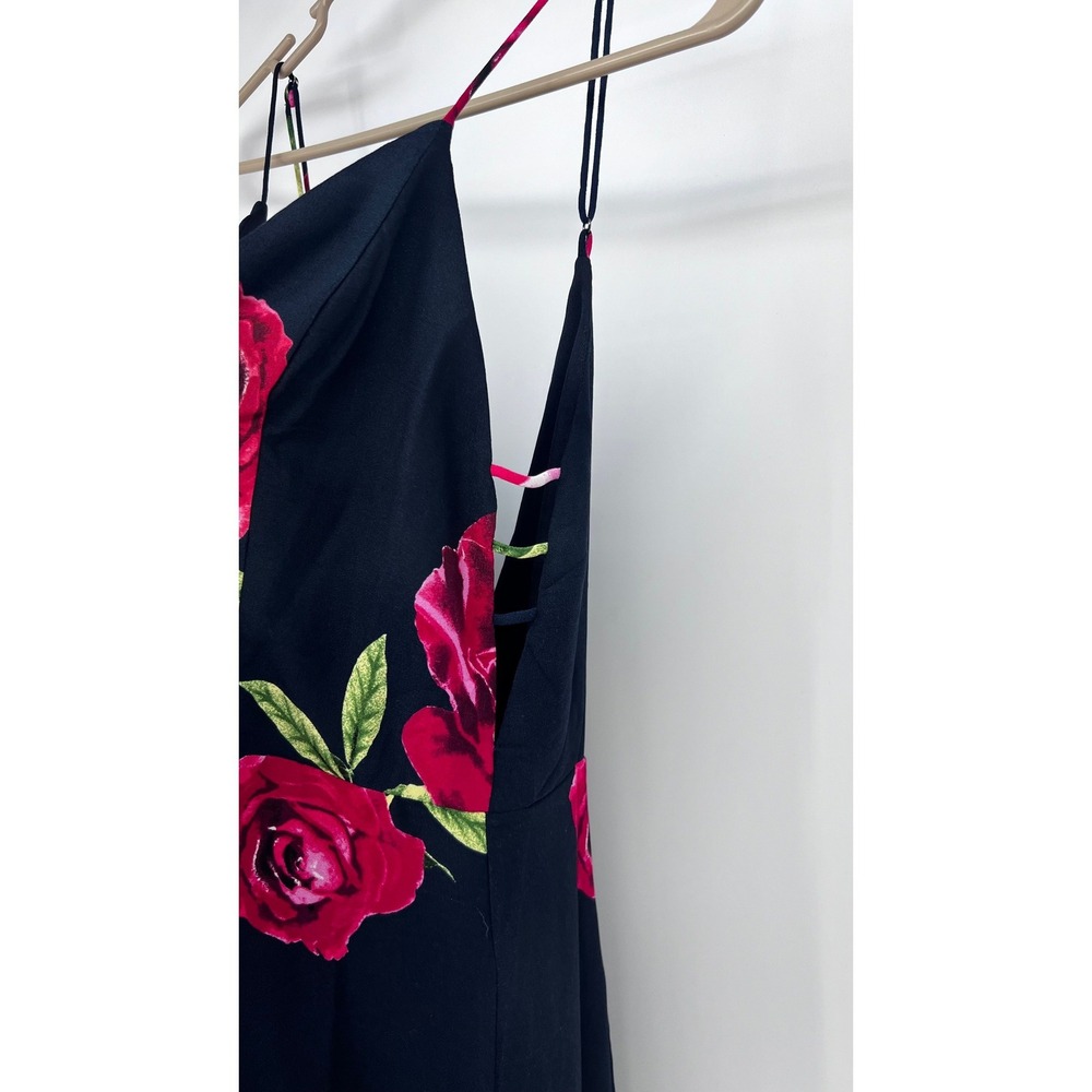 Soieblu Floral Rose Print Maxi Dress Black Pink V-Neck Cut Out Side Slit Large - Picture 3 of 11